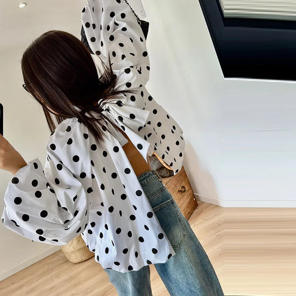 Loose Polka Dot Backless Women'S Shirt Lace up Pleated O-Neck Lantern Long Sleeve Blouses 2026 Spring Casual All-Matching Tops