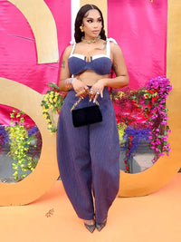 Contrast Bow Strap Striped Women Set Sleeveless Crop Top High Waist Wide Leg Pants Vertical Stripe Pattern Summer Vacation Wear