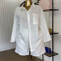 J2740 Fashion Women'S Sets Boutique Street Wear Long Sleeve Single Breasted Diamond Linen Shirt and Shorts 2 Piece Set