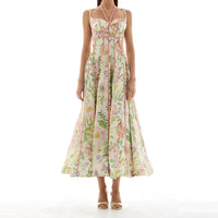 Fashion High Waist Evening Dress Lady Temperament Elegant Floral Printed Halter Dress Summer Sleeveless Slim Pleated Party Dress