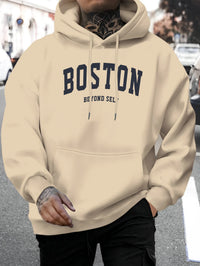 Men'S New Stylish Boston Letter Print Casual Sweatshirt with a Fashionable Drawstring Hood