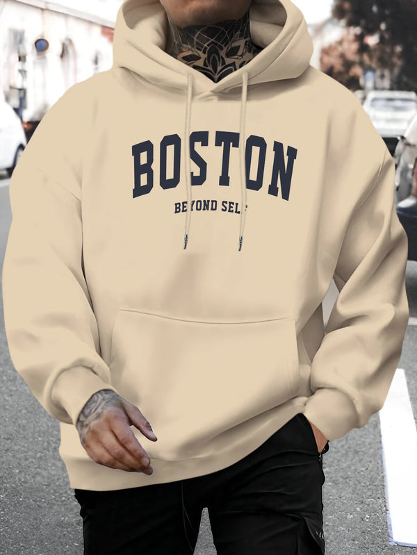 Men'S New Stylish Boston Letter Print Casual Sweatshirt with a Fashionable Drawstring Hood