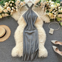 Elegant Solid Women'S Dresses Knitted V Neck Backless Elastic Dresses for Women Slim Bodycon Vestido De Mujer Outfits