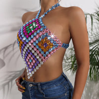 2026 New Arrival Summer Music Festival Rhinestone Crop Top Sexy Backless Crystal Gemstones Halter Neck Top
