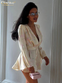 Fashion Loose Print Women'S Dress Sexy V-Neck Long Sleeve Mini Dresses Elegant Classic Pleated Female Dress Streetwear