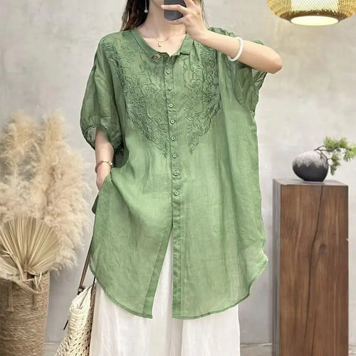 Plus Size Women'S Summer Solid Color Retro Blouse Loose Thin Office Lady Fashion New Arrival Trendy Comfortable