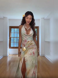 Sexy Floral Print Halter Neck Maxi Dress Women Deep V Neck Sleeveless High Slit Chiffon Bodycon Gown Summer Lady Vacation Robe