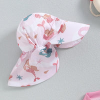 Baby Girls Bathing Suit Sea Shell Print Long Sleeve Rash Guard Swimsuit Wide Brim Sun Hat Infant Toddler Beachwear