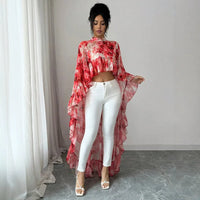 2026 Summer Women'S Stand Collar Printed Ruffle Chiffon Blouse Resort Style Flowing Cover-Up Summer Dresses 2026 Vestidos Boho