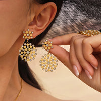 Ferris Wheel Waterproof Stainless Steel Gold Plated Flower Bouquet Pendant Necklace Earrings Ring for Women Luxury Jewelry