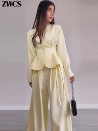 Elegant Waist-Cinching Blazer Pants Set Women'S Slim V-Neck Single-Breasted Pleated Coat Loose Wide Leg Trousers 2026 New Outfit