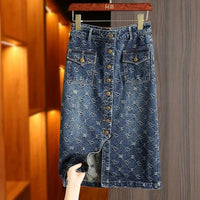 Spring Love Jacquard Denim Skirt Women Autumn 2025 New Casual Slim Split Buttock Skirt with Pockets Female Long Denim Skirts