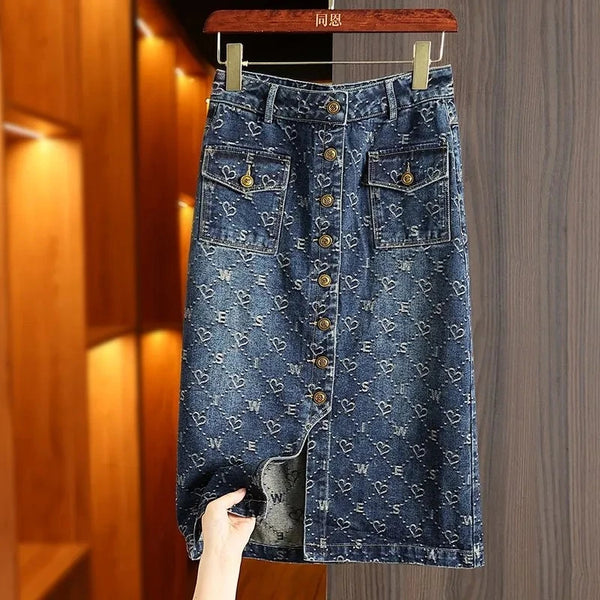 Spring Love Jacquard Denim Skirt Women Autumn 2025 New Casual Slim Split Buttock Skirt with Pockets Female Long Denim Skirts
