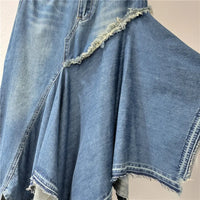 Summer New Style High-Waisted Design Stitching Irregular Washed Denim Long Skirt for Women
