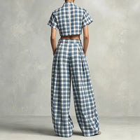 Women Vintage Mock Neck Plaid 2 Piece Outfit Casual Short Sleeve Crop Top High Waist Pleated Wide Leg Harem Pants Summer Outfits