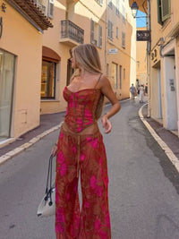 Floral 2 Piece Matching Sets Spaghetti Strap Lace up Corset Drawstring Wide Leg Long Pants Suit Women Chic Vacation Beach Outfit
