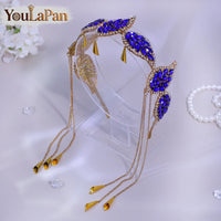 Luxury Green Color Rhinestone Leaf Bride Headband Golden Color Metal Tassel Hair Hoop Wedding Hair Accessories A365