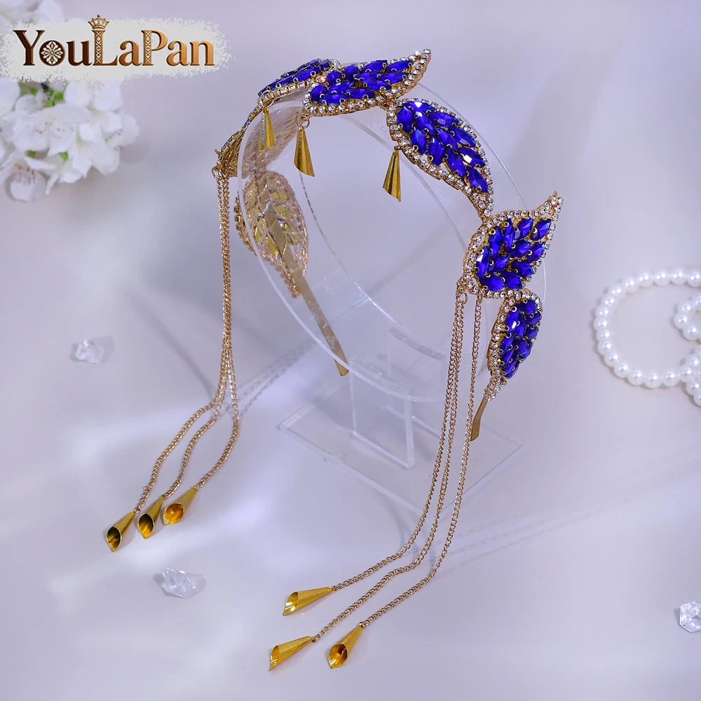 Luxury Green Color Rhinestone Leaf Bride Headband Golden Color Metal Tassel Hair Hoop Wedding Hair Accessories A365