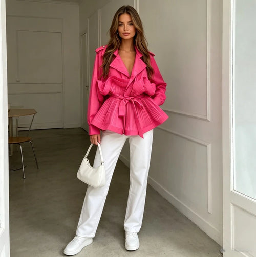 Shirt Women Ruffles Top Turn down Collar Pleated Lace up Tight Waist Overshirt Female Shirts Tops Spring 2026 Office Lady