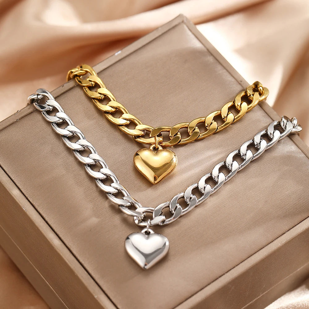DGIDDK Stainless Steel Heart Pendant Ankle Chain for Women, Simple and Fashionable Cuban Chain, Summer Beach Ankle Jewellery