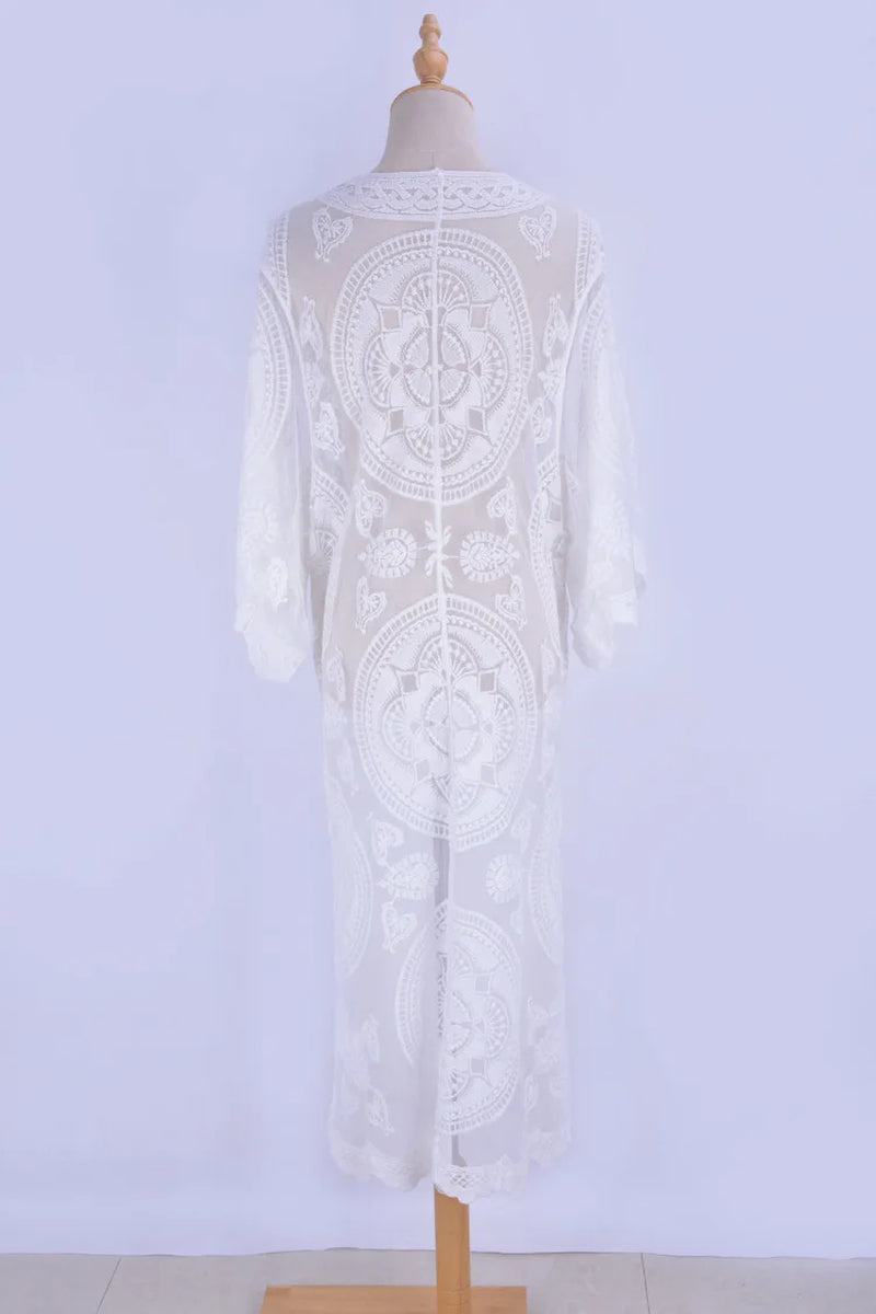 Sexy See through Long Lace Blouse Women Bikini Cover up Sheer Vintage Summer Cardigan Boho Beach Kaftan Robe Vestidos
