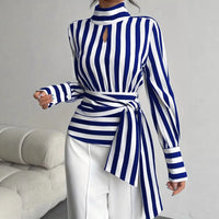 Fashion Baggy Stripes Women Blouse Elegant High Collar Long Sleeve Shirts and Blouses Vintage Girdle Lace-Up Top Women Clothes