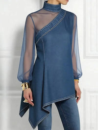 Women'S Asymmetric Imitation Denim Shirt Fashion Turtleneck Irregular Hem Gauze See through Puff Sleeve Loose Party Ladies Top