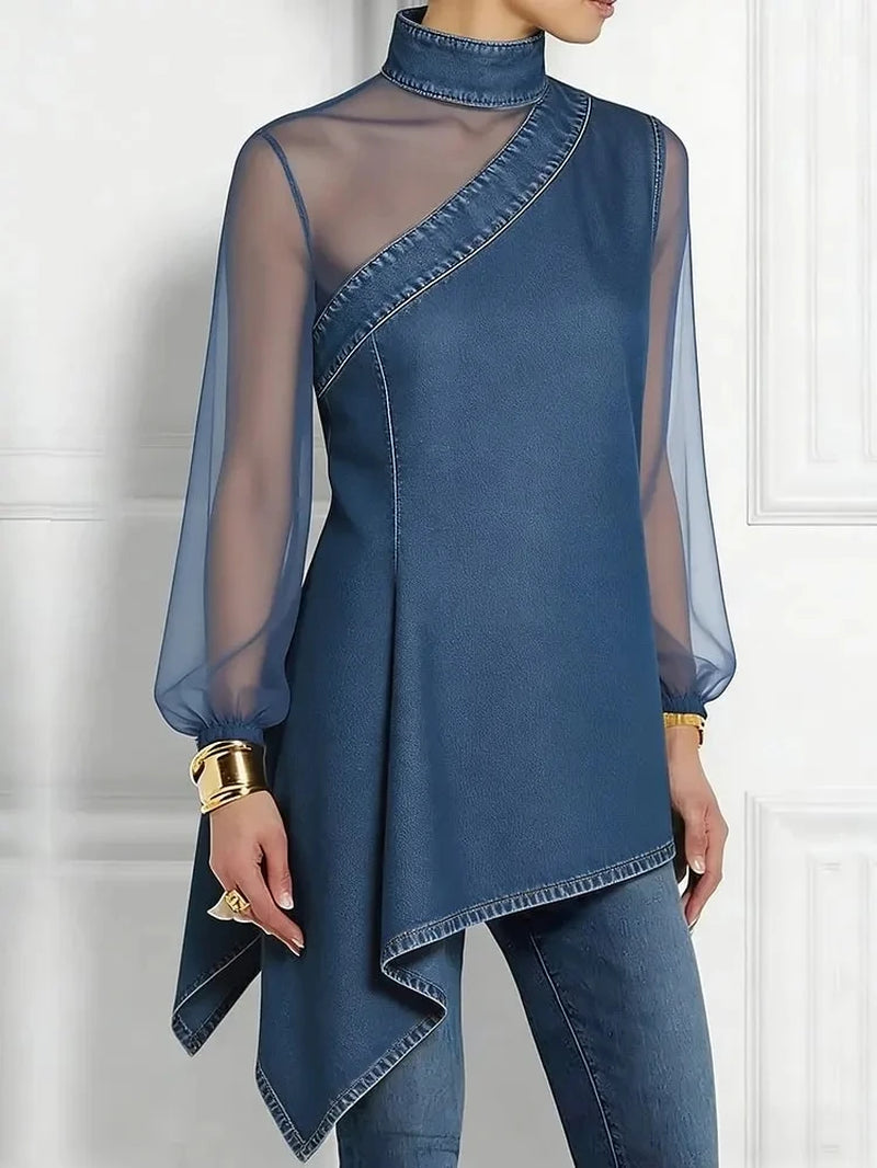 Women'S Asymmetric Imitation Denim Shirt Fashion Turtleneck Irregular Hem Gauze See through Puff Sleeve Loose Party Ladies Top