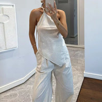 New Women'S Summer Commuting Outfits Fashion Asymmetrical Sleeveless Top + Pants 2 Piece Casual Striped Printed Straight Suits