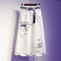 2025 New Women Skirt White Denim Long Skirts Letter Print Korean Style Fashion Hole Oversize plus Size Female Skirts