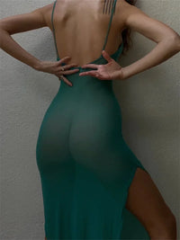 See through Mesh Long Maxi Dress Women Sexy Strap High Split Dress Club Party Beach Summer Backless Vestidos Robe