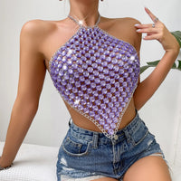 2026 New Arrival Summer Music Festival Rhinestone Crop Top Sexy Backless Crystal Gemstones Halter Neck Top