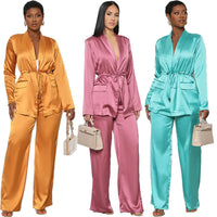 Two-Piece Silk Suit for African Women, V-Neck Lace up Shirt, Wide Leg Pants, Casual Fashion, Autumn