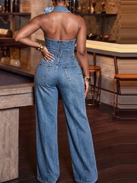 Women Denim Two Piece Set Halter Sleeveless Cowl Neck Wide Leg Pants Elegant Party Floral Decor Autumn 2026 New