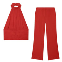 TFMLN Women'S Red Ruffled Top Set Halter Crop Backless Sleeveless Top Chic High Waist Straight Trousers Outfit Fashion Sexy