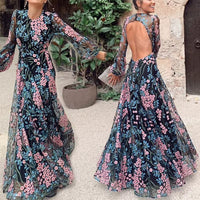 Elegant Floral Print Bohemian Long Dress Women Casual Long Sleeve Slim Pleated Evening Dress Sexy O Neck Backless Party Dresses