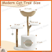 Real Wood Modern Cat Tree Tower with Wicker Condo Scratching Post Bed Boho Luxury Pet Furniture for Indoor Cats Space Saving