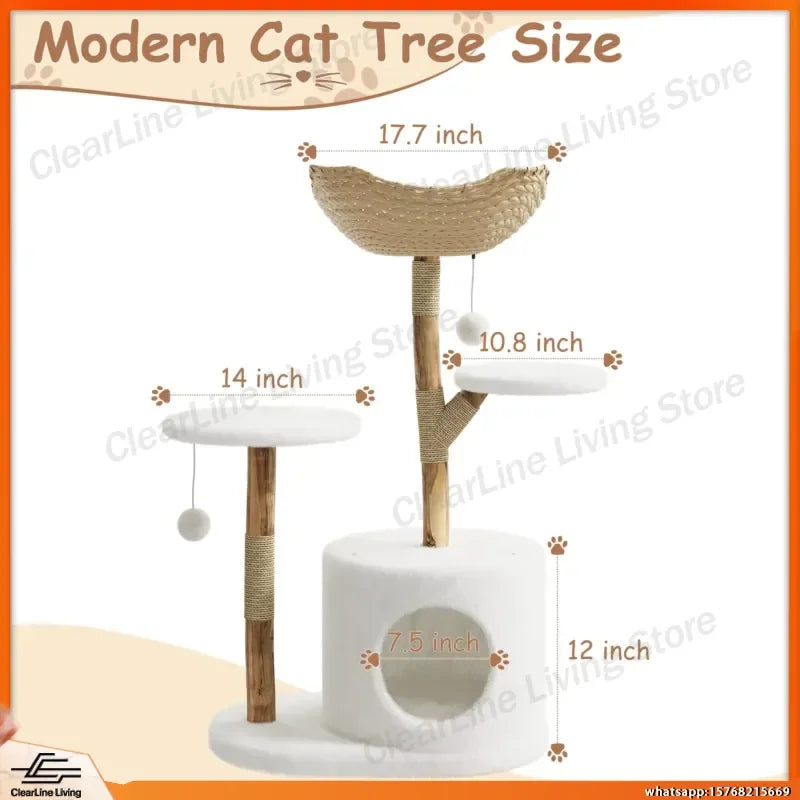 Real Wood Modern Cat Tree Tower with Wicker Condo Scratching Post Bed Boho Luxury Pet Furniture for Indoor Cats Space Saving