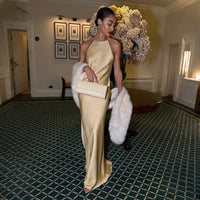 GG 2026 Sexy Backless Satin Maxi Dress for Women Spaghetti Strap Crystal Back Evening Dress Elegant Bodycon Party Slim Fit Dress