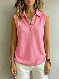 Women'S Casual Sleeveless Polo Shirt, Soft Waffle Knit V-Neck Vest, Button Placket, Solid Pink Loose Fit Summer Top, Suitable Fo