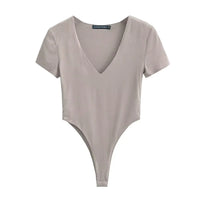 Women'S V-Neck Short Sleeve High Split Bodysuit Stretchable Slim Top Jumpsuit