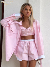 Fashion Loose Stripe Print Shorts Set 3 Piece Woman 2026 Elegant Long Sleeve Shirt + Tank Top with High Waist Shorts Set