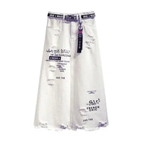 2025 New Women Skirt White Denim Long Skirts Letter Print Korean Style Fashion Hole Oversize plus Size Female Skirts
