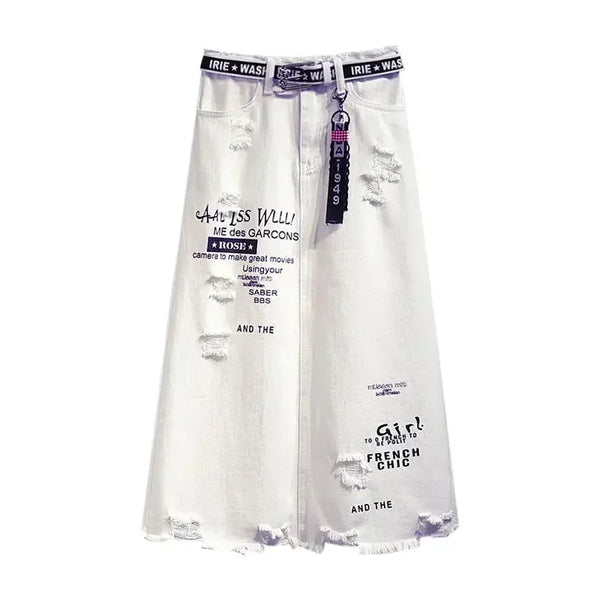 2025 New Women Skirt White Denim Long Skirts Letter Print Korean Style Fashion Hole Oversize plus Size Female Skirts