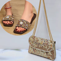 Summer Hot Selling Bright Diamond Slippers for Women in plus Size Flat Sandals Beach Shoes with Diamond Inlaid Crossbody Bag Set