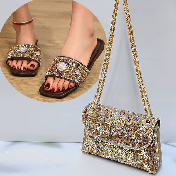 Summer Hot Selling Bright Diamond Slippers for Women in plus Size Flat Sandals Beach Shoes with Diamond Inlaid Crossbody Bag Set