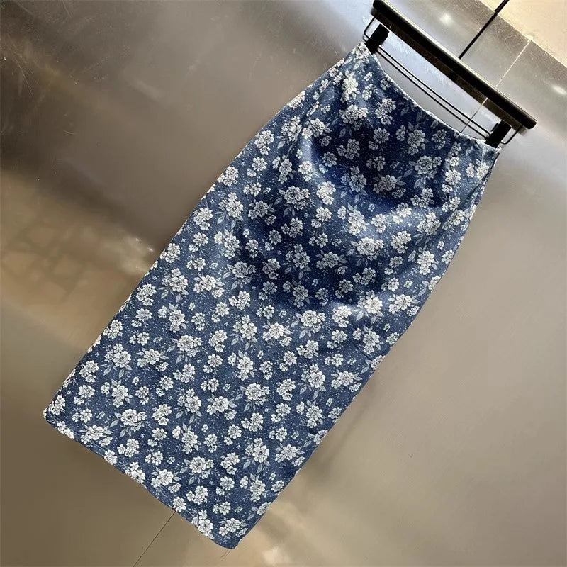 Summer Jacquard Denim Skirt for Women Blue High Waist Zipper Split Flower Skirts Fashionable Elegant Female Jeans Skirt