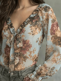 Vintage Floral Print Chiffon Blouse, Women'S Long Sleeve Ruffle V-Neck Front Tie Boho Casual Flowy Shirt