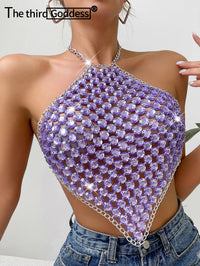 Sexy See through Metal Rhinestone Crop Top Women 2026 Summer Y2K Streetwear Tank Tops Club Beach Party Halter Top Rave Outfits