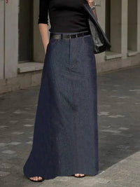2026 New Women'S Dark Blue Denim Skirt Zippered High Waist Pockets A-Line Ankle-Length Skirts Casual Commuter Bottoms